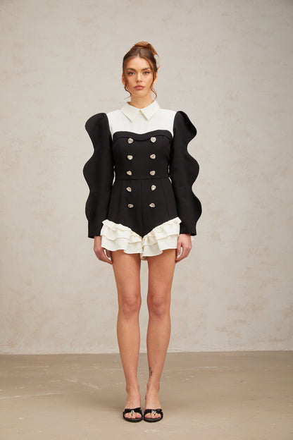Chloe color-blocked heart-shaped-button ruffled bodysuit