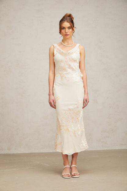 Yolanda beige floral-jacquard midi dress