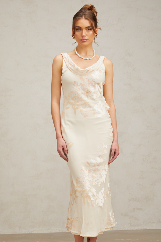 Yolanda beige floral-jacquard midi dress