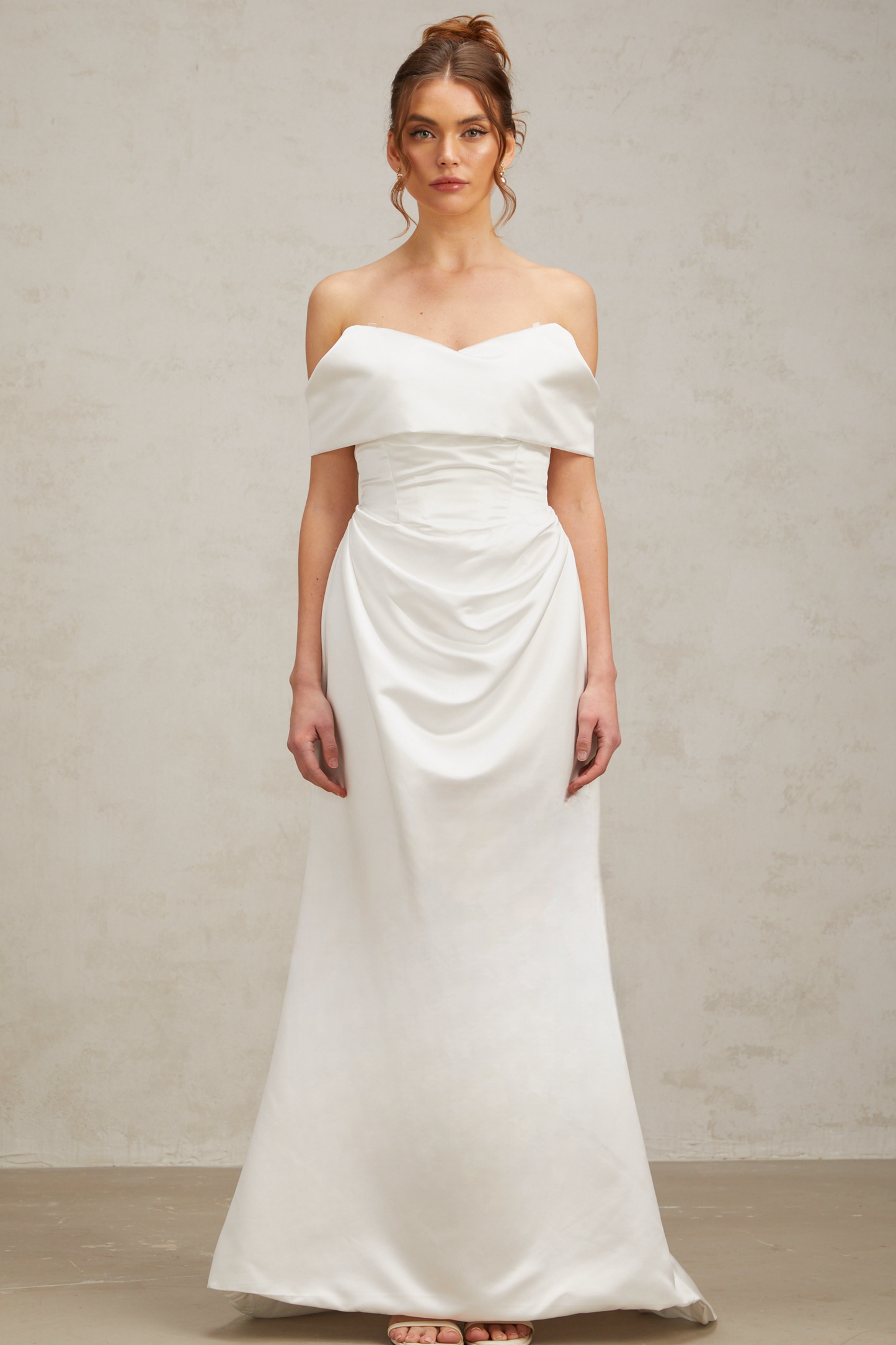 Lucia white off-shoulder ruched satin maxi dress