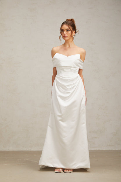 Lucia white off-shoulder ruched satin maxi dress