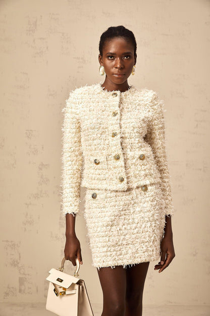 Jolanda white furry knit cardigan & skirt matching set