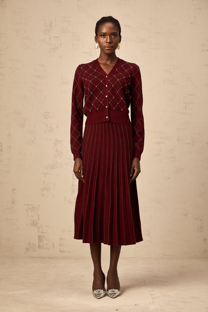 Laurine red embellished argyle intarsia knit cardigan & skirt matching set