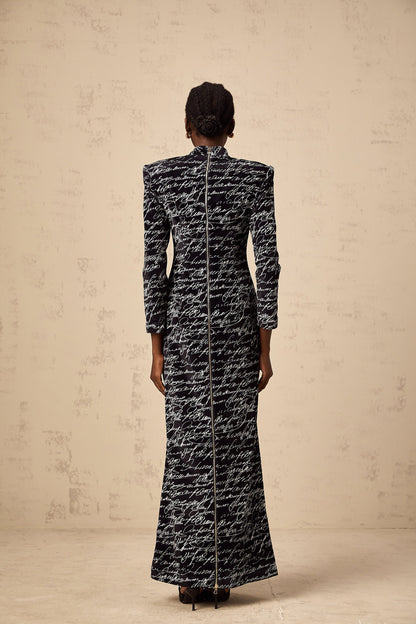 Jade black velvet letter-print maxi dress