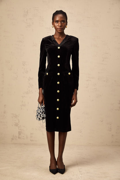Mille black pleated velvet midi dress
