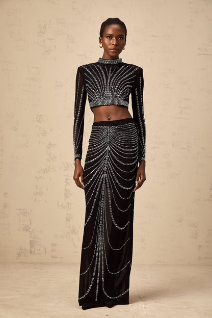 Phillis black rhinestone mesh top & skirt matching set