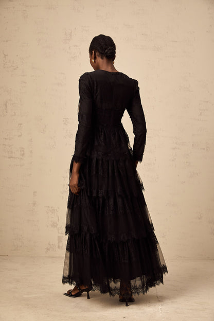 Gloria black guipure lace tulle tiered maxi dress