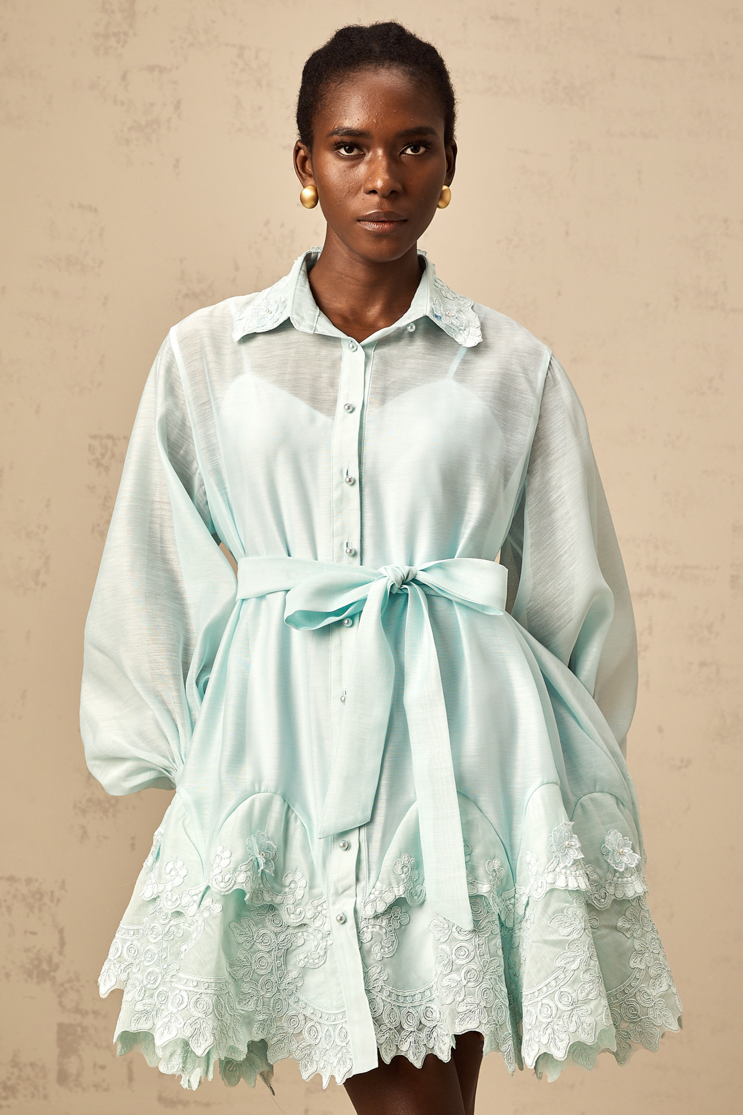 Ivana green lace-panel mini shirt dress