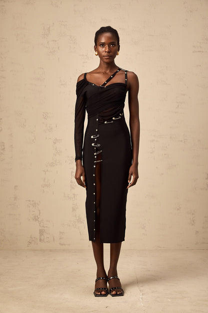 Louise black cut-out asymmetric midi dress