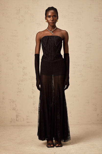 Violaine black floral-lace corset & skirt & gloves matching set