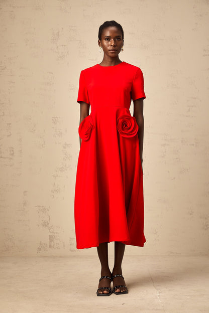 Isolde red floral-appliqué midi dress