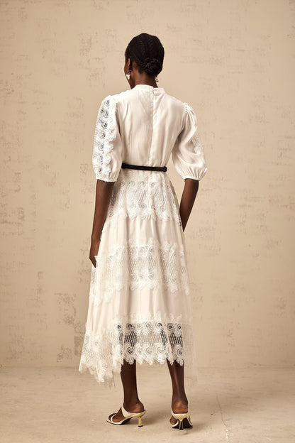 Tamara white belted lace-trim panelled midi dress