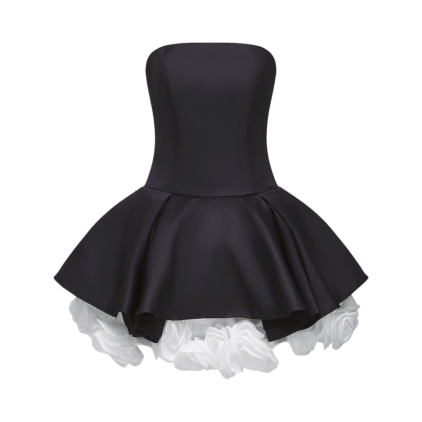 Lucie black petal-layered strapless corset mini dress