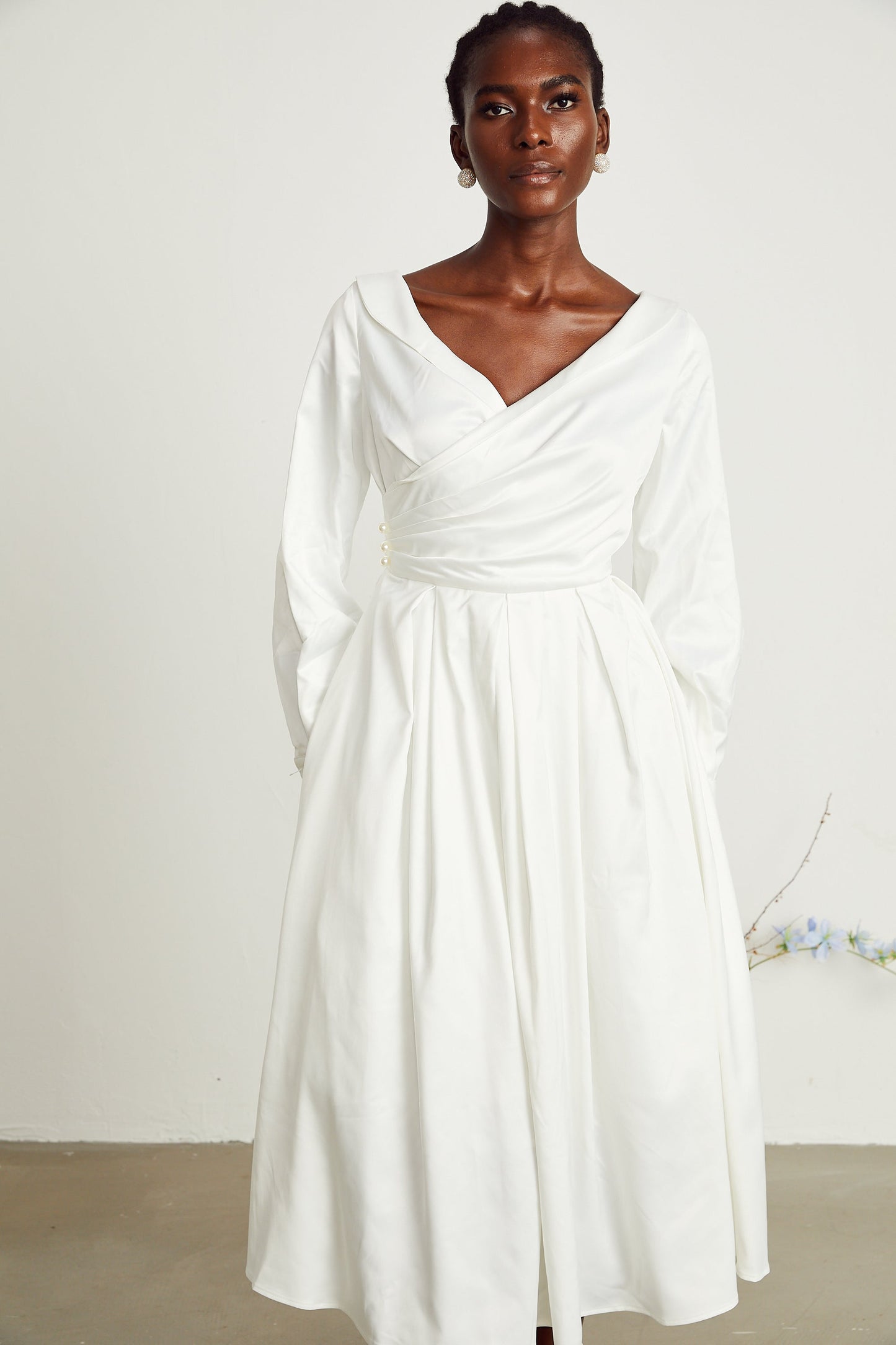 Emma white pleated V-neck midi dress