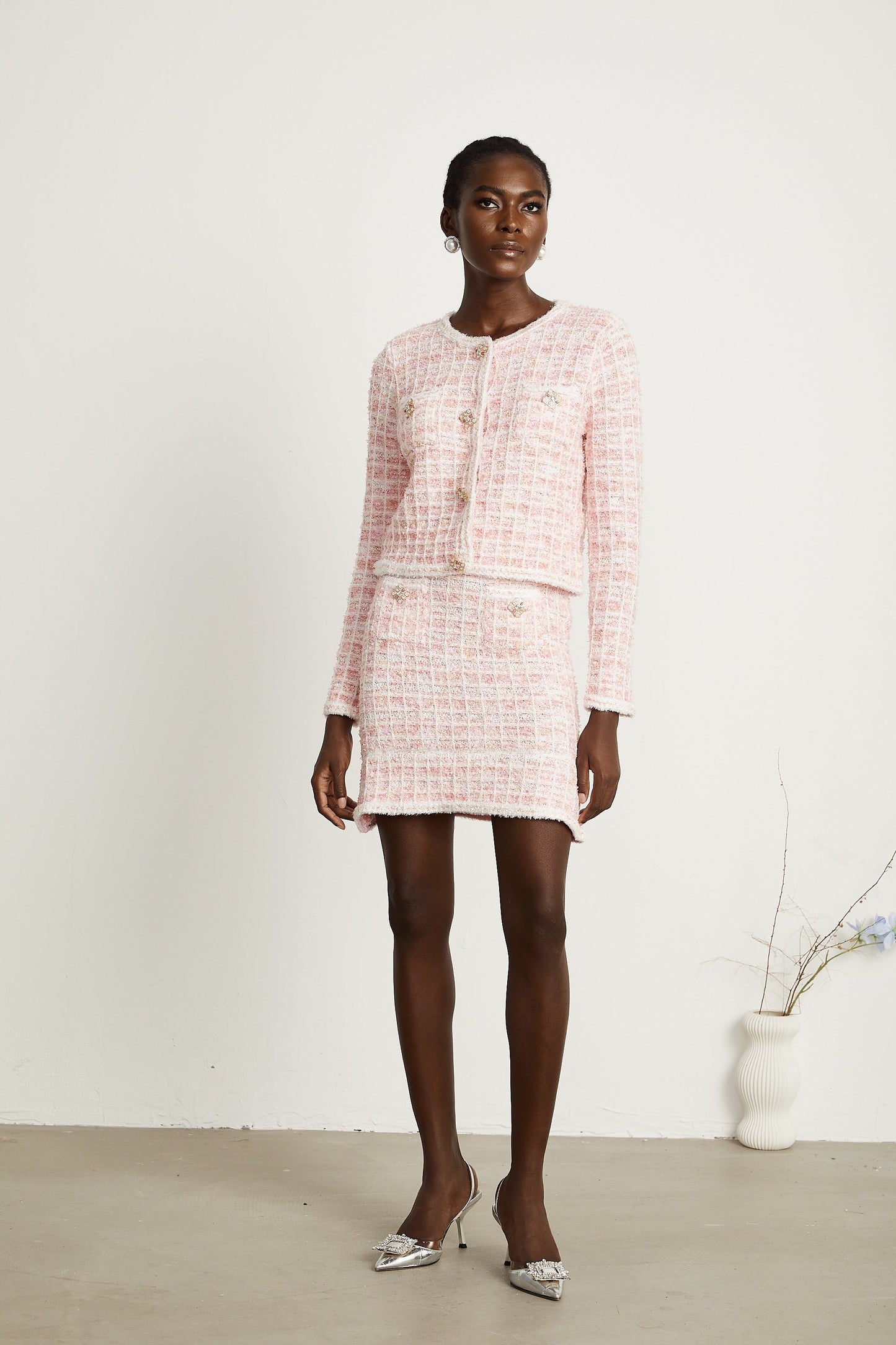 Capucine light pink check-pattern cardigan & skirt matching set