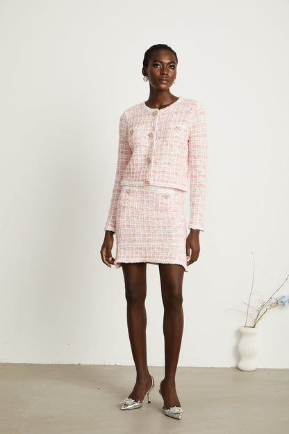 Capucine light pink check-pattern cardigan & skirt matching set