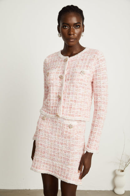 Capucine light pink check-pattern cardigan & skirt matching set