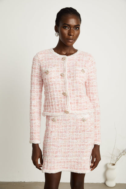 Capucine light pink check-pattern cardigan & skirt matching set