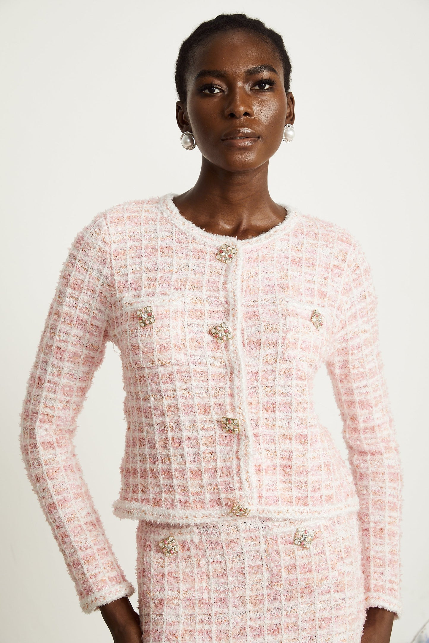 Capucine light pink check-pattern cardigan & skirt matching set