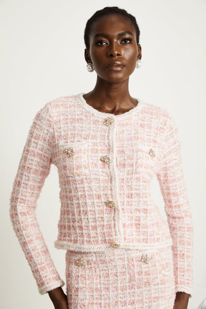 Capucine light pink check-pattern cardigan & skirt matching set