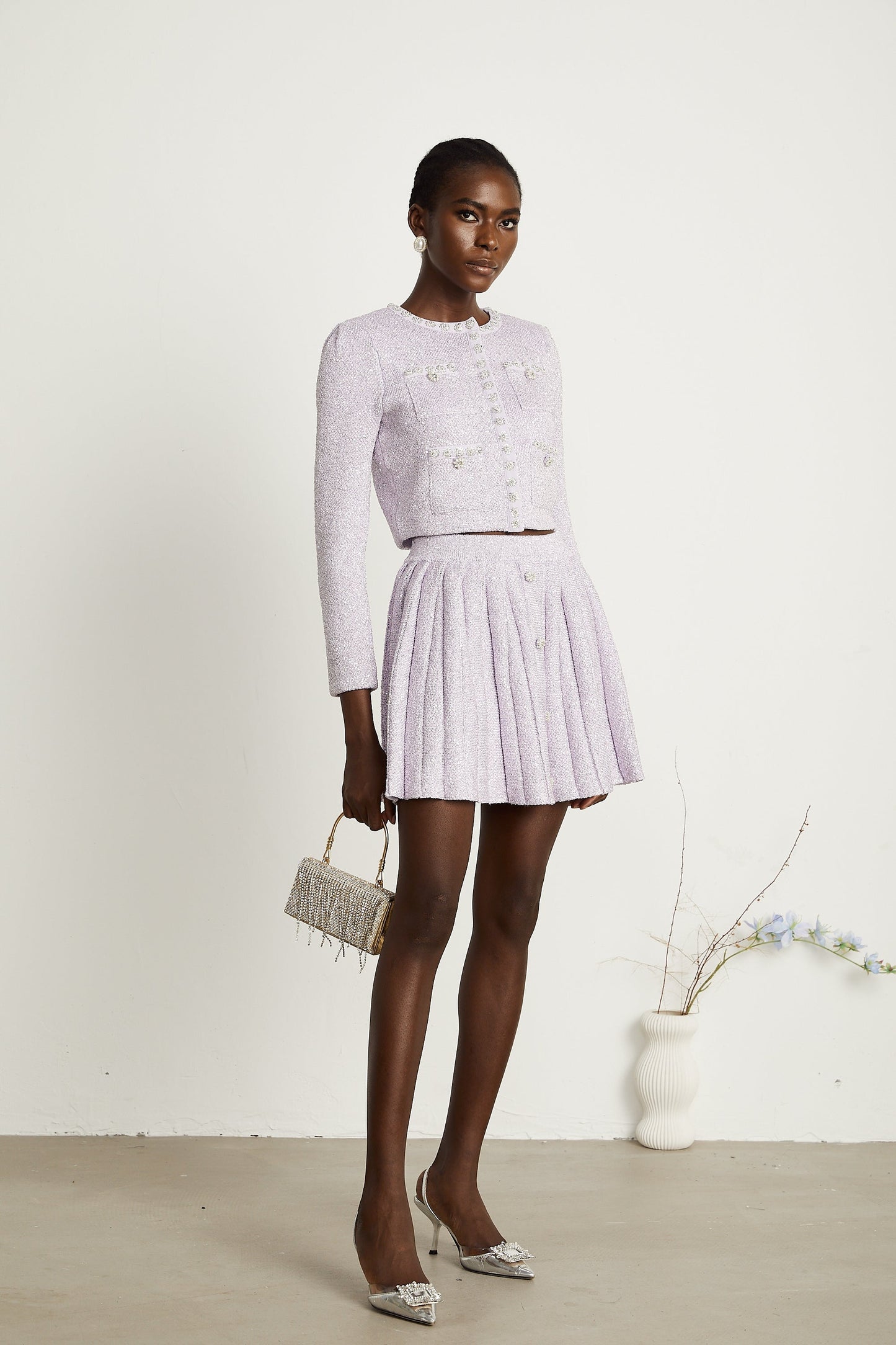 Fabienne purple sequin-detail jacket & skirt matching set