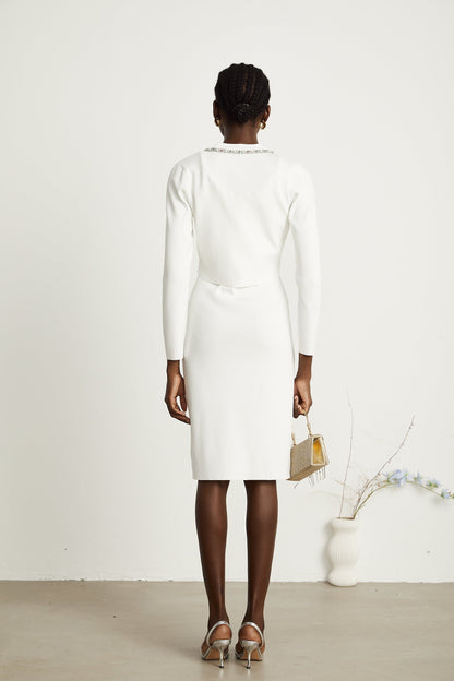 Blanche white bead-embellished cardigan & dress matching set