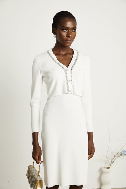 Blanche white bead-embellished cardigan & dress matching set