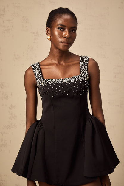 Mélanie black crystal-embellished flared mini dress