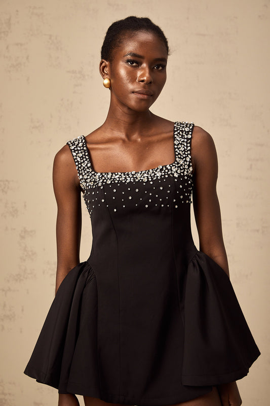 Mélanie black crystal-embellished flared mini dress
