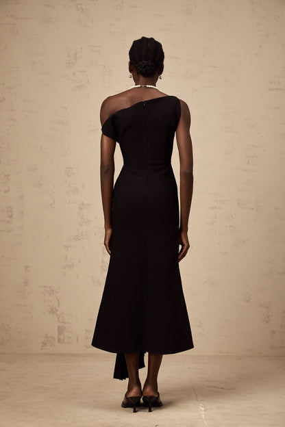 Laurine asymmetric draped midi dress in Black
