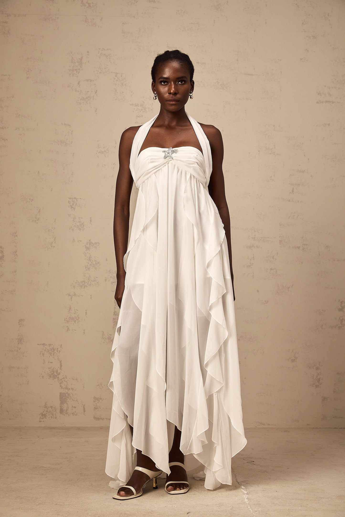 Mariah white chiffon ruffle halter neck maxi dress