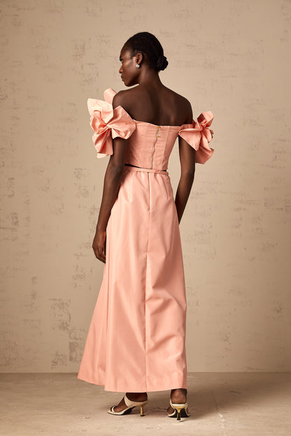 Yvette pink floral-appliqué top & skirt matching set