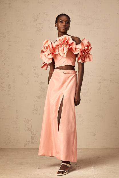 Yvette pink floral-appliqué top & skirt matching set