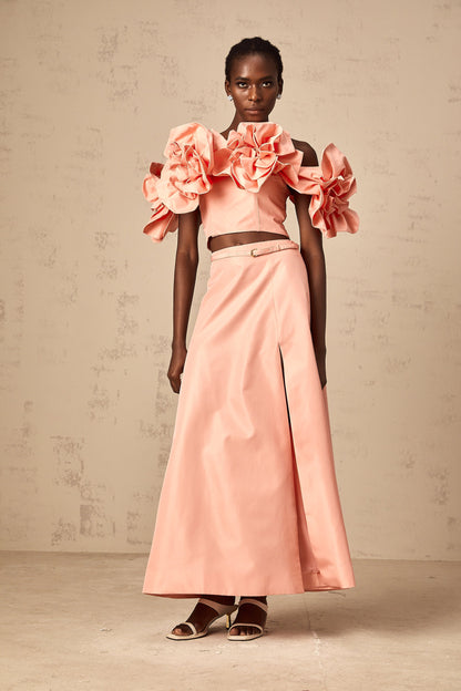 Yvette pink floral-appliqué top & skirt matching set