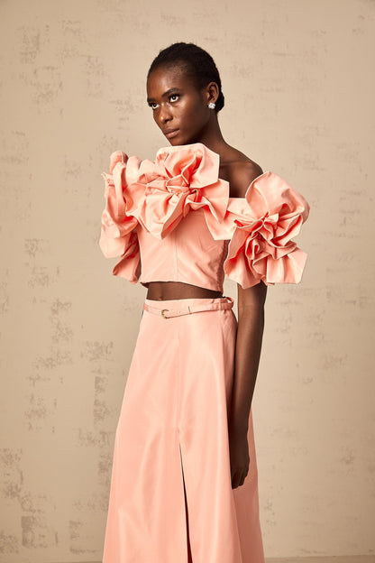 Yvette pink floral-appliqué top & skirt matching set