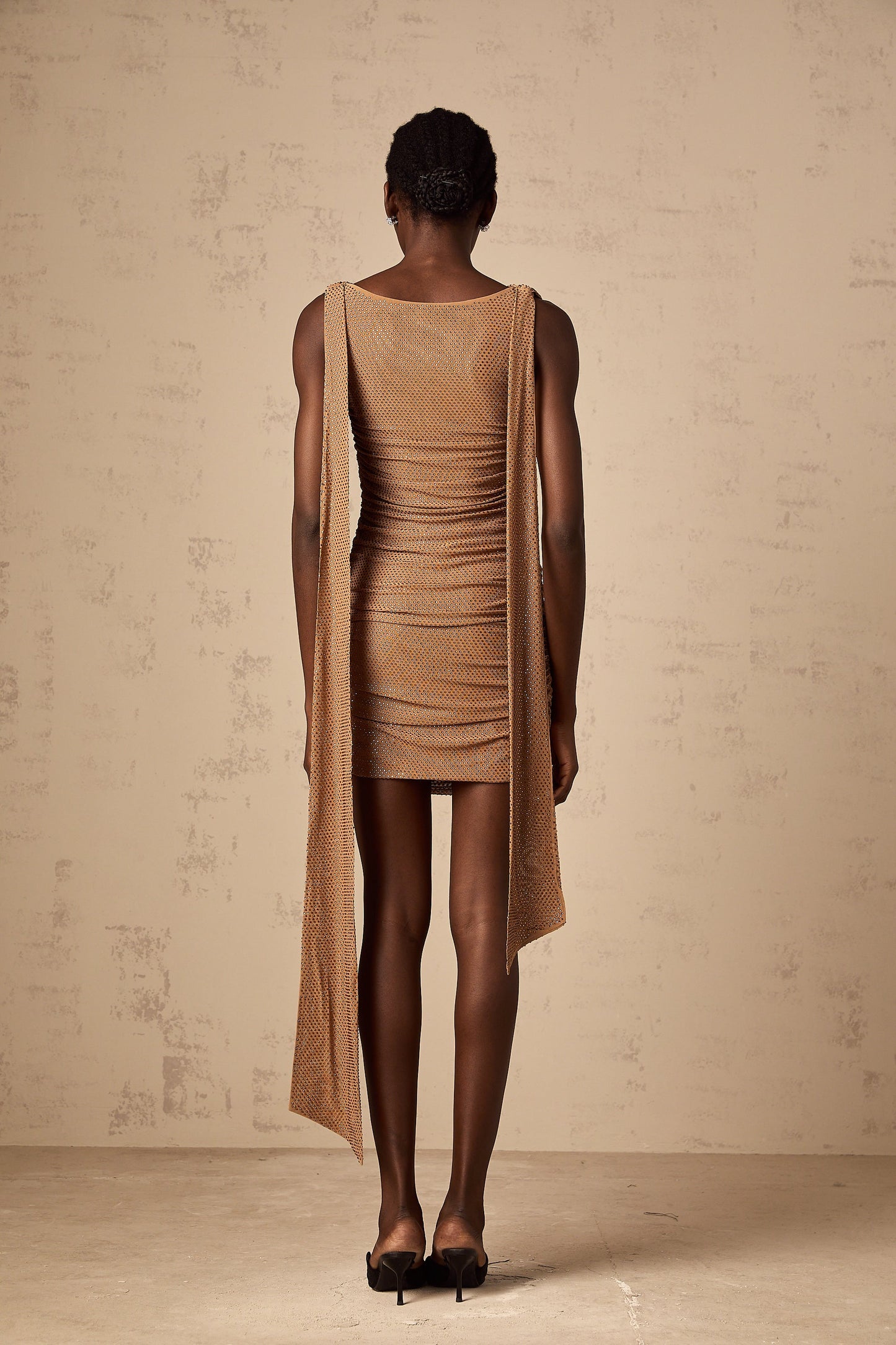 Jacqueline brown rhinestone mini dress
