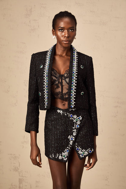 Delphine black crystal tweed jacket & skirt matching set