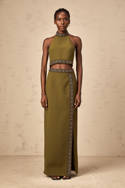 Daisy green beaded-trim top & skirt matching set