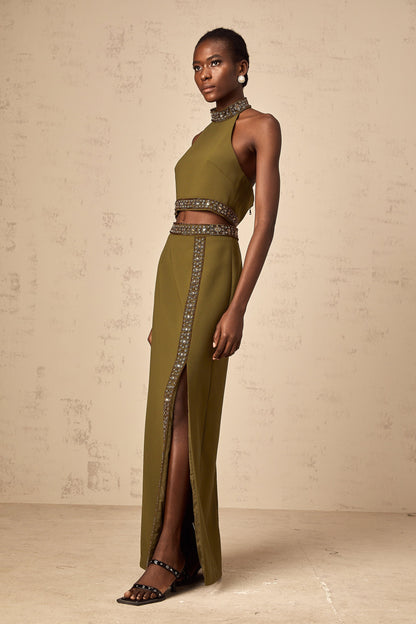 Daisy green beaded-trim top & skirt matching set