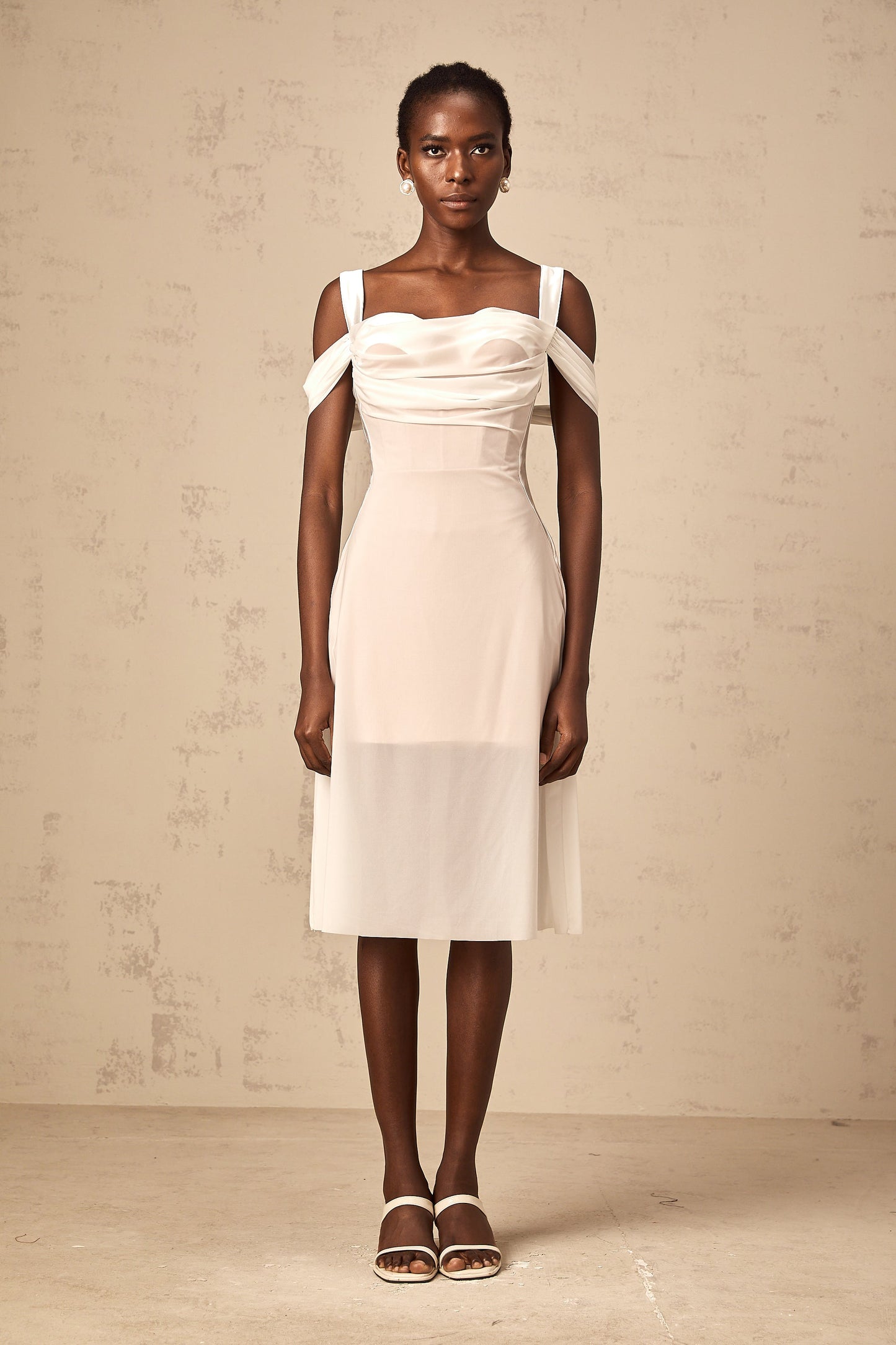 Gloria white semi-sheer ruched midi dress