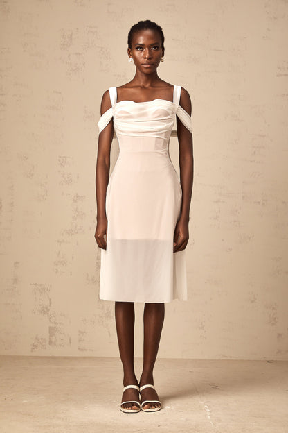 Gloria white semi-sheer ruched midi dress