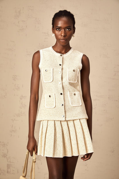 Hélène beige sequined knit vest top & skirt matching set
