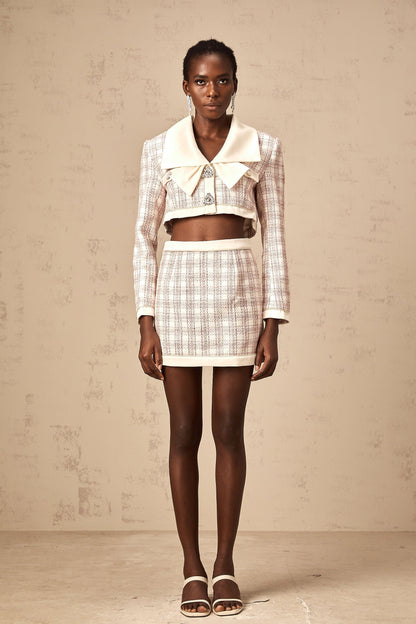 Ludivine pink checked tweed jacket & skirt matching set