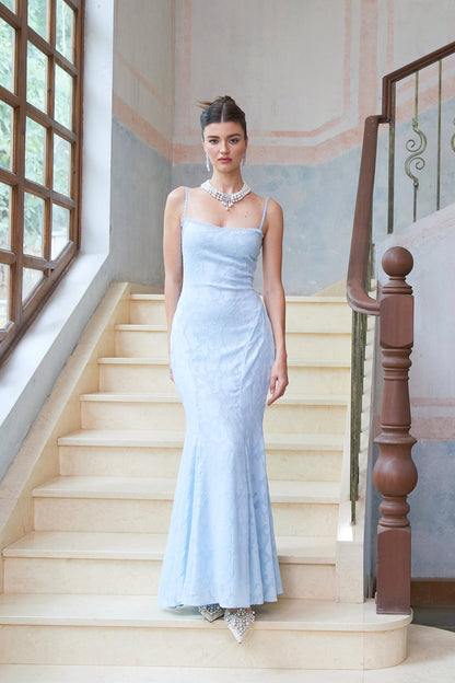 Rosalie lace-up jacquard flared maxi dress in Blue