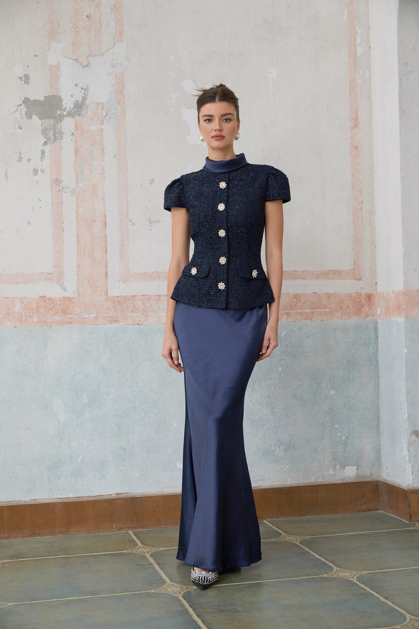 Josette blue peplum-waist panelled maxi dress