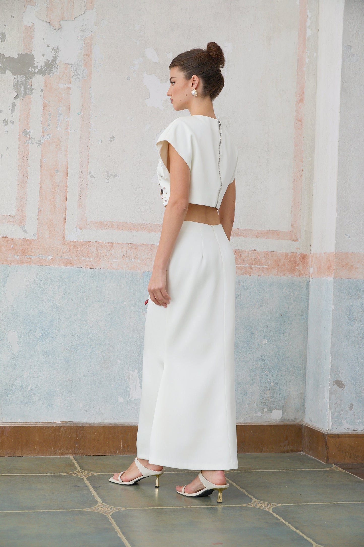 Delphine white shell-embellished top & skirt matching set