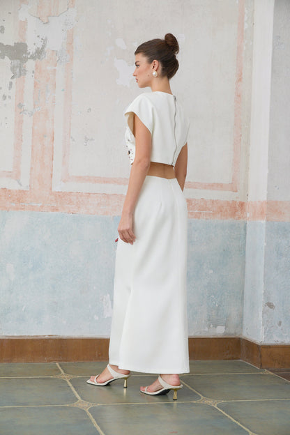 Delphine white shell-embellished top & skirt matching set