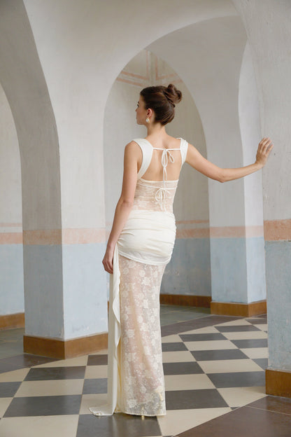 Lilou neutrals ribbon panelled floral-lace maxi dress