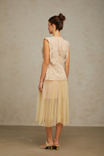Céleste floral-lace-panelling tulle midi dress in Neutrals