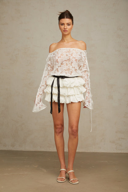 Aveline white floral-lace top & skirt matching set